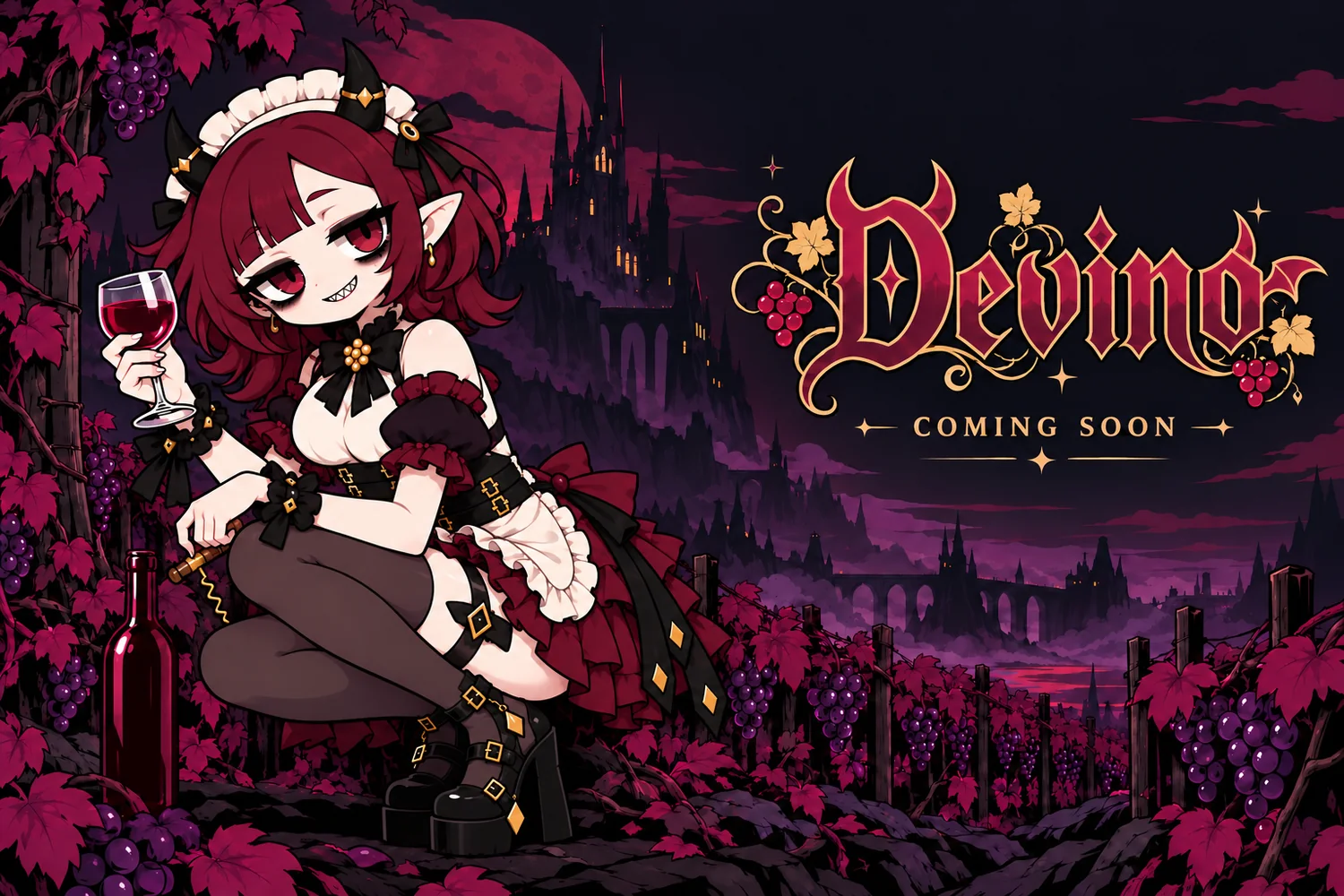 Devino のロゴと、ワイングラスを持つ悪魔のメイドと夜のブドウ畑
